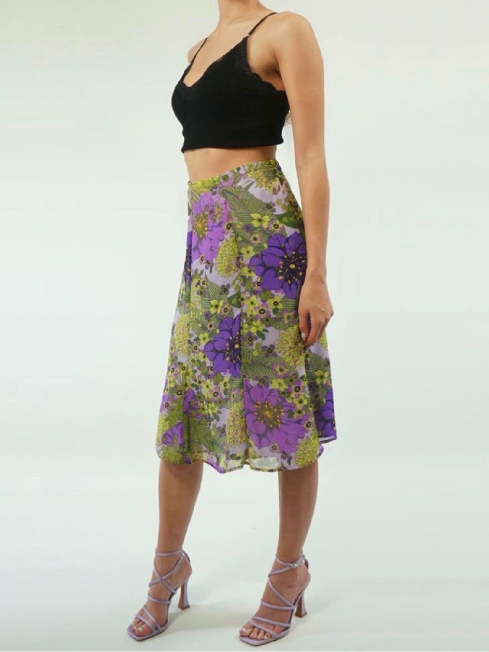 Norton McNaughton Purple and Green Floral Midi Skirt